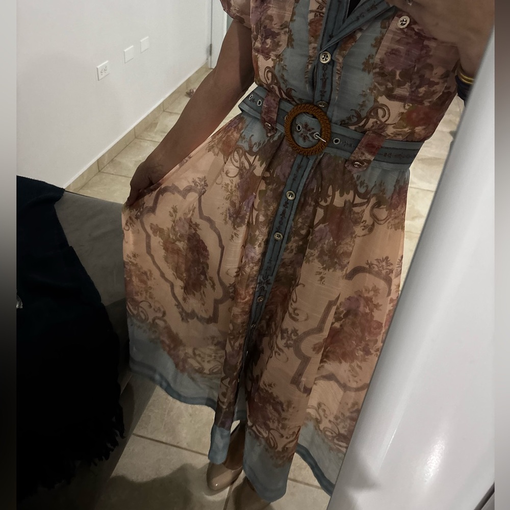 Floral Button-Front Midi Dress in Peach and Dusty Blue